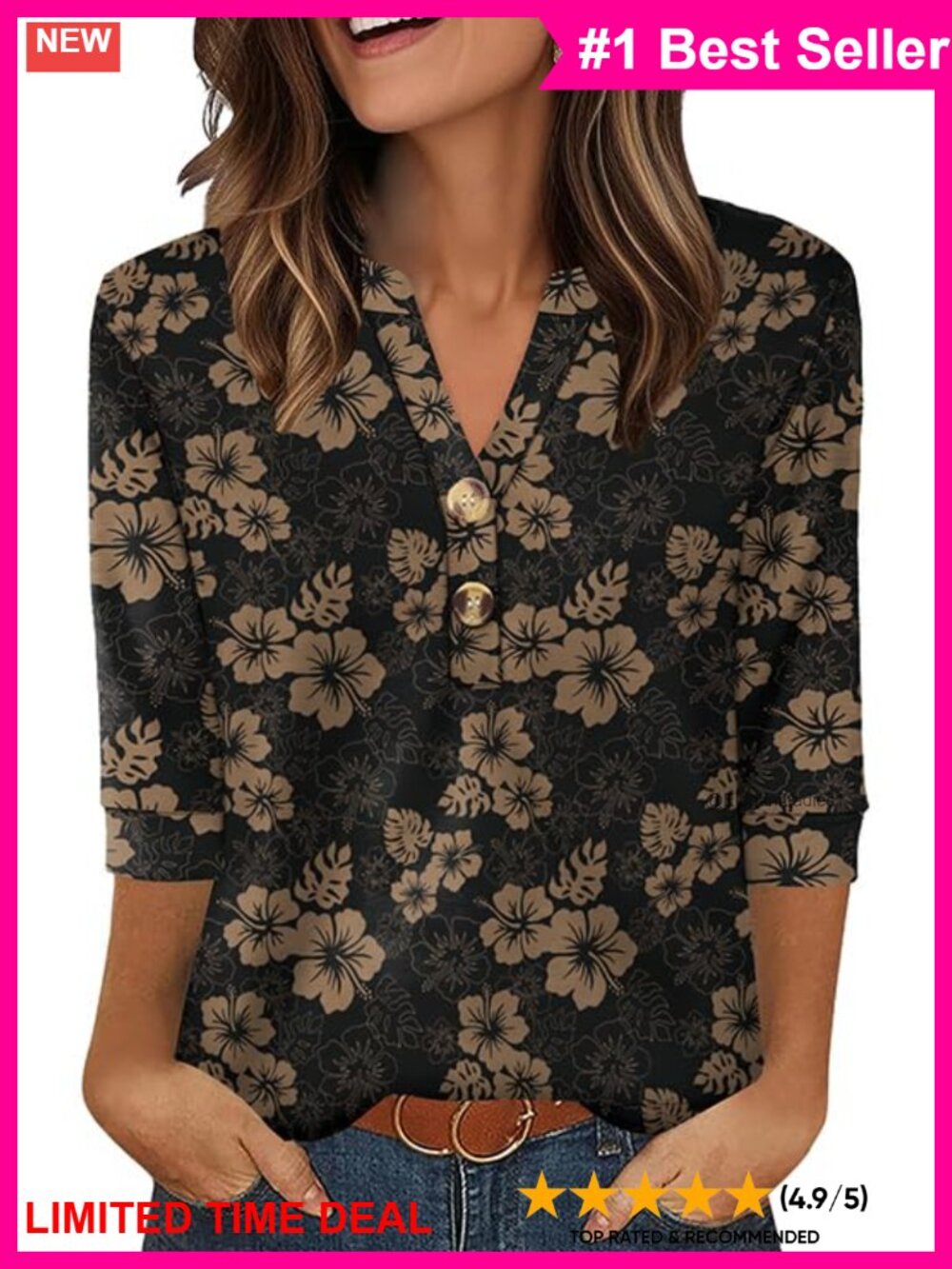 Womens 3/4 Sleeve V-Neck Button Down Blouse Loose Fit Office Top